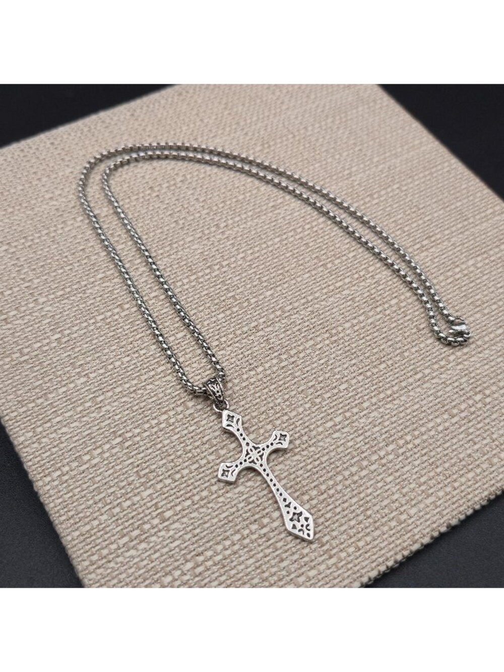 23 Inch Gothic Cross Pendant Necklace, Stainless Steel Box Chain A7942